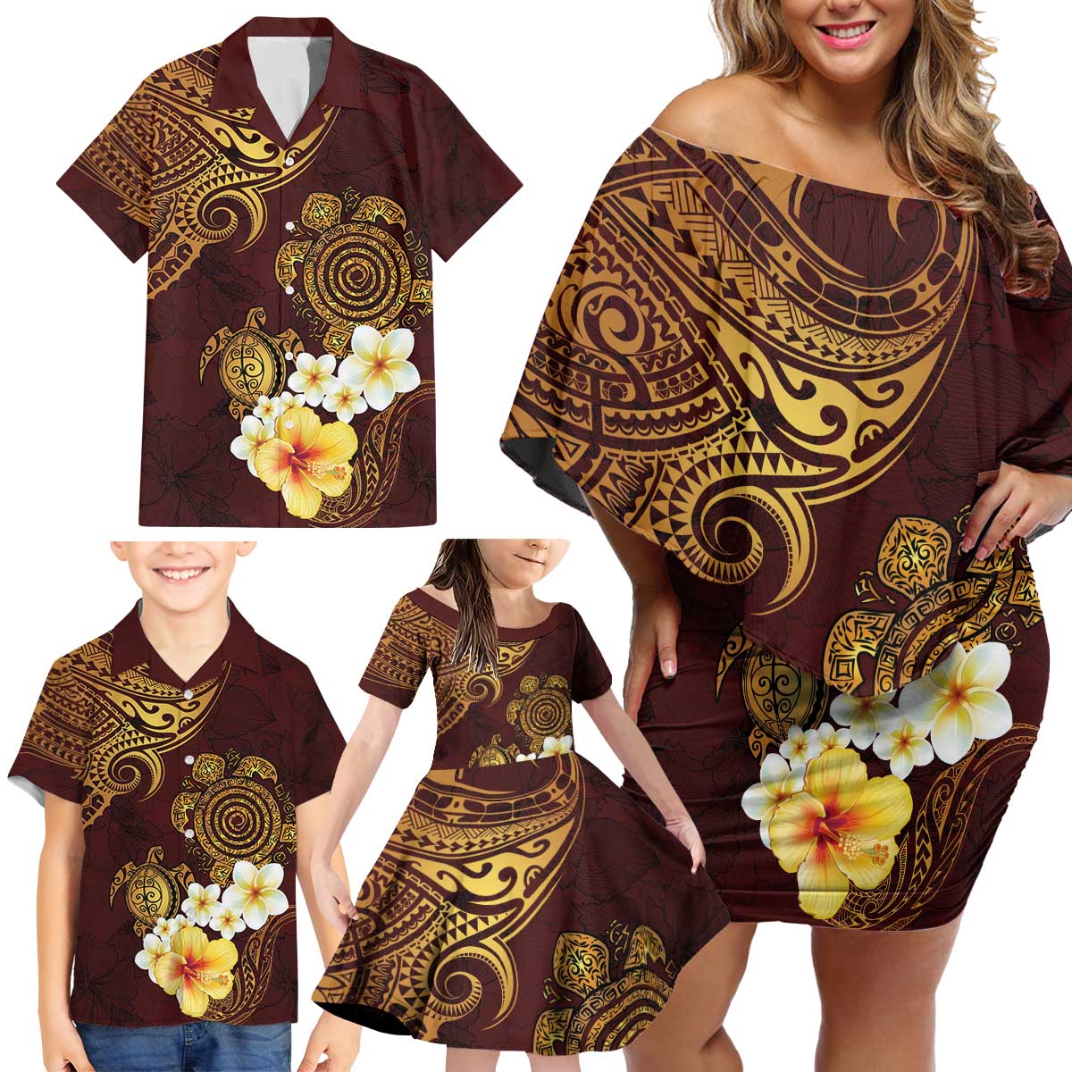 Polynesian Turtle Family Matching Off Shoulder Short Dress and Hawaiian Shirt Plumeria Hibiscus Pattern Oxblood LT03 - Polynesian Pride