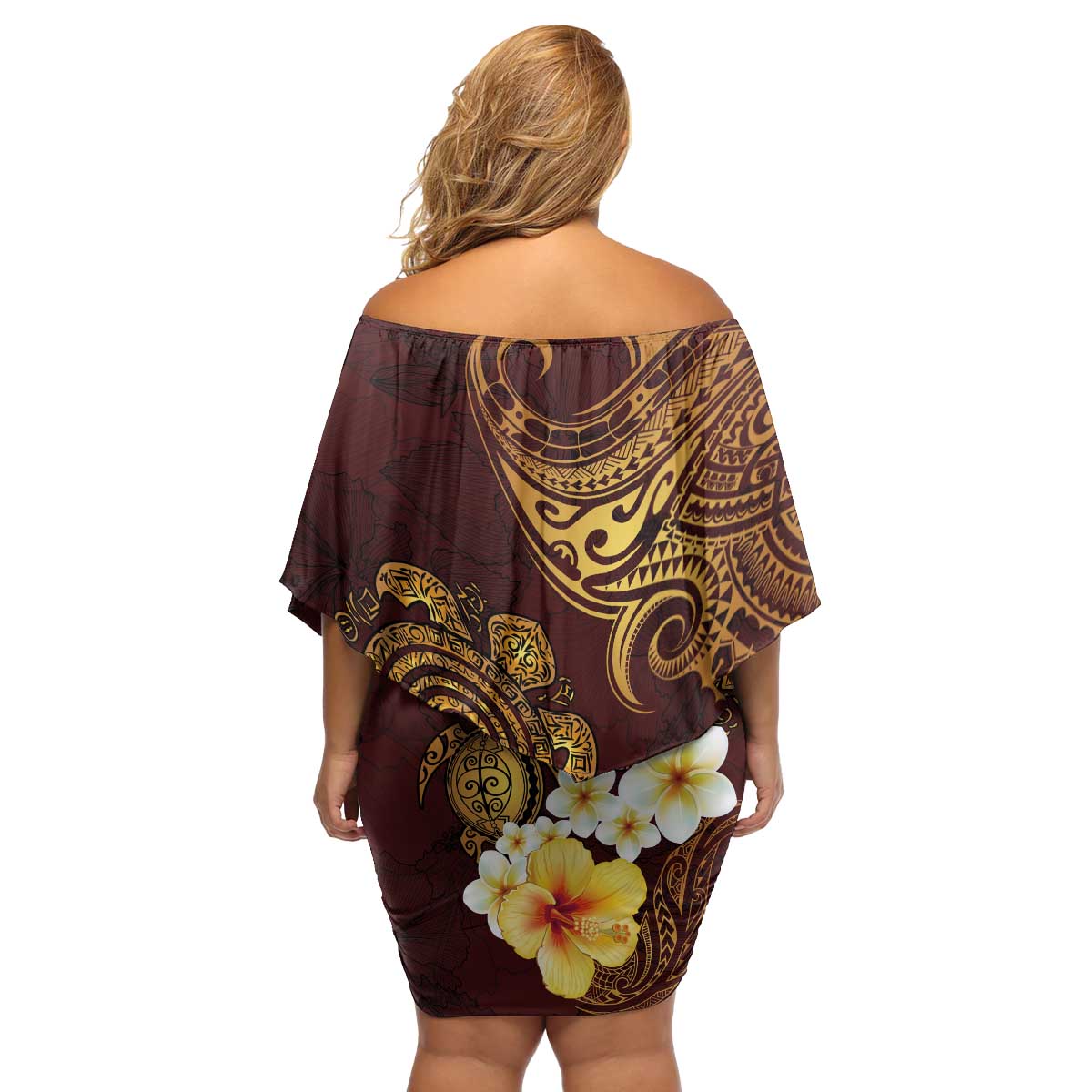 Polynesian Turtle Family Matching Off Shoulder Short Dress and Hawaiian Shirt Plumeria Hibiscus Pattern Oxblood