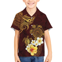 Polynesian Turtle Family Matching Off Shoulder Short Dress and Hawaiian Shirt Plumeria Hibiscus Pattern Oxblood