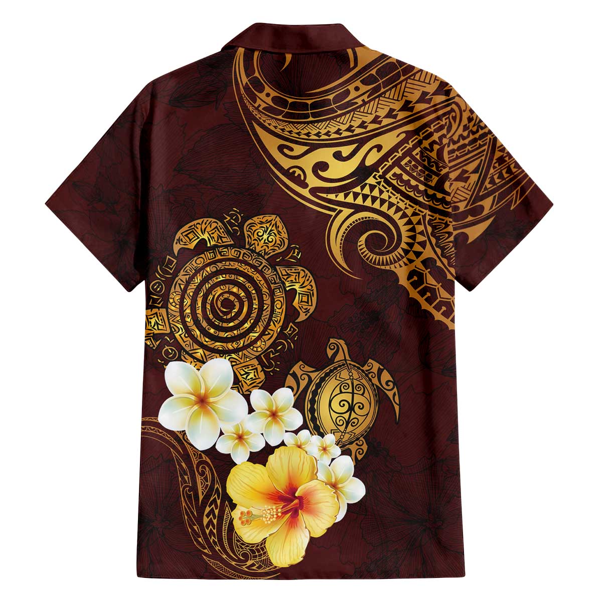 Polynesian Turtle Family Matching Puletasi and Hawaiian Shirt Plumeria Hibiscus Pattern Oxblood