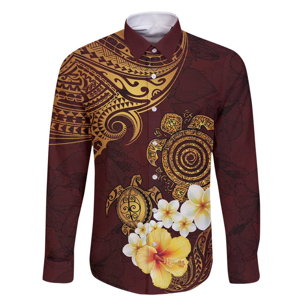 Polynesian Turtle Family Matching Short Sleeve Bodycon Dress and Hawaiian Shirt Plumeria Hibiscus Pattern Oxblood LT03 Dad's Shirt - Long Sleeve Oxblood - Polynesian Pride