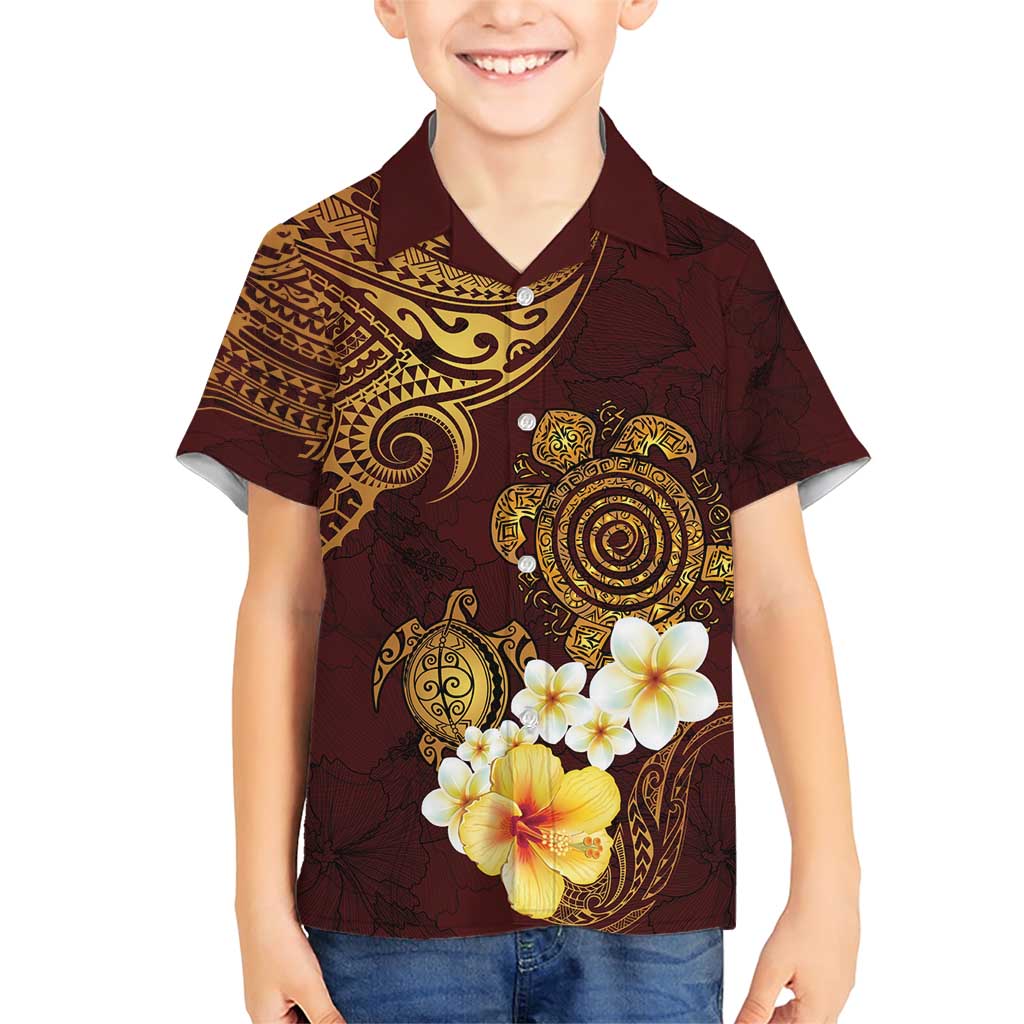 Polynesian Turtle Family Matching Short Sleeve Bodycon Dress and Hawaiian Shirt Plumeria Hibiscus Pattern Oxblood LT03 Son's Shirt Oxblood - Polynesian Pride