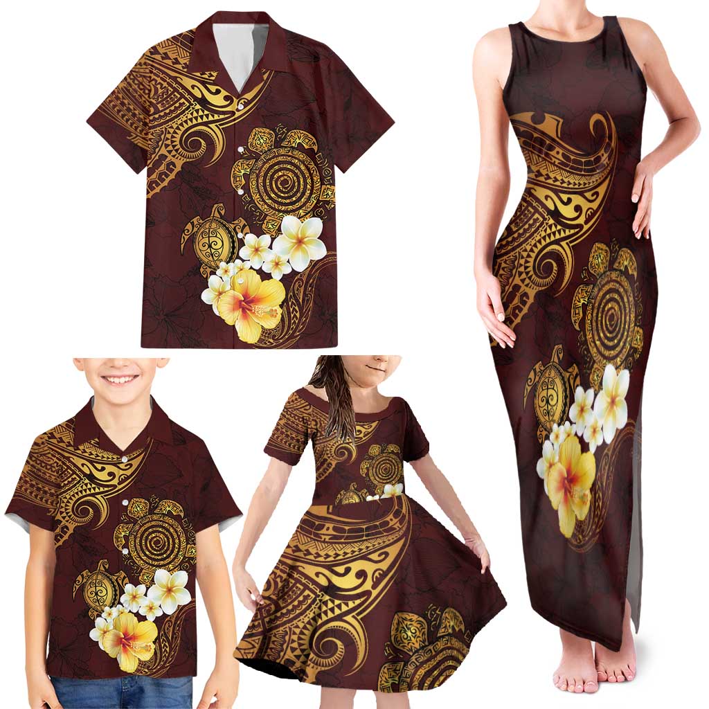 Polynesian Turtle Family Matching Tank Maxi Dress and Hawaiian Shirt Plumeria Hibiscus Pattern Oxblood LT03 - Polynesian Pride