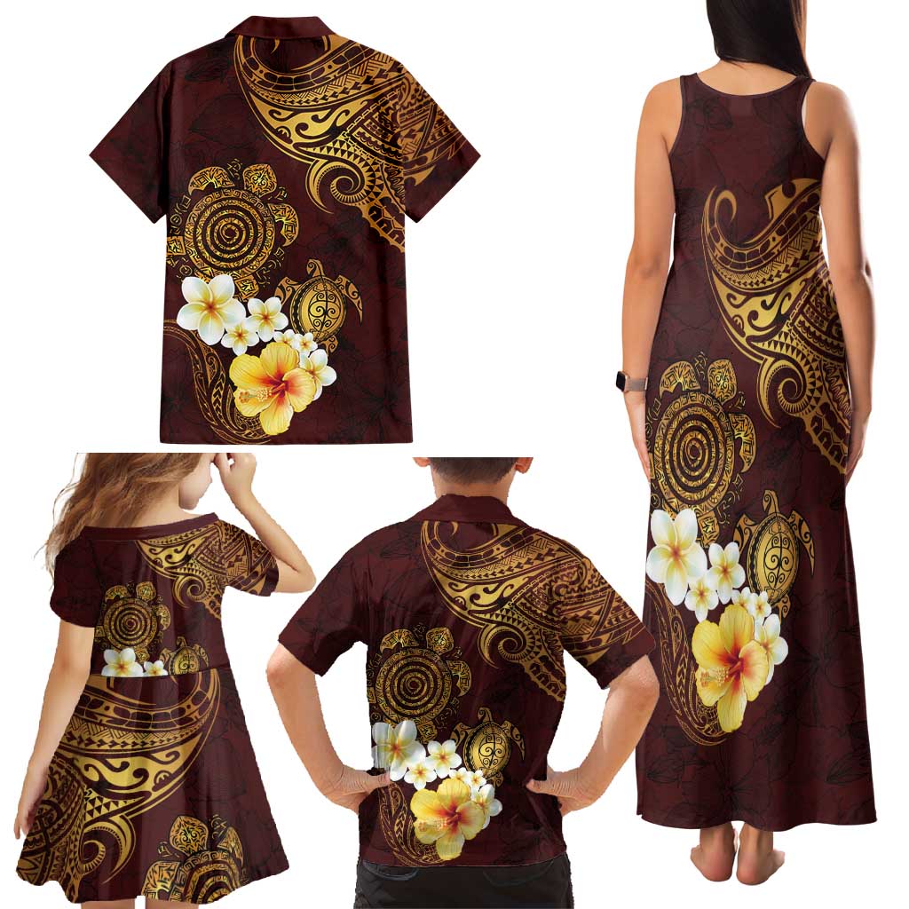 Polynesian Turtle Family Matching Tank Maxi Dress and Hawaiian Shirt Plumeria Hibiscus Pattern Oxblood