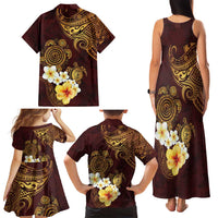 Polynesian Turtle Family Matching Tank Maxi Dress and Hawaiian Shirt Plumeria Hibiscus Pattern Oxblood