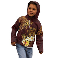 Polynesian Turtle Kid Hoodie Plumeria Hibiscus Pattern Oxblood