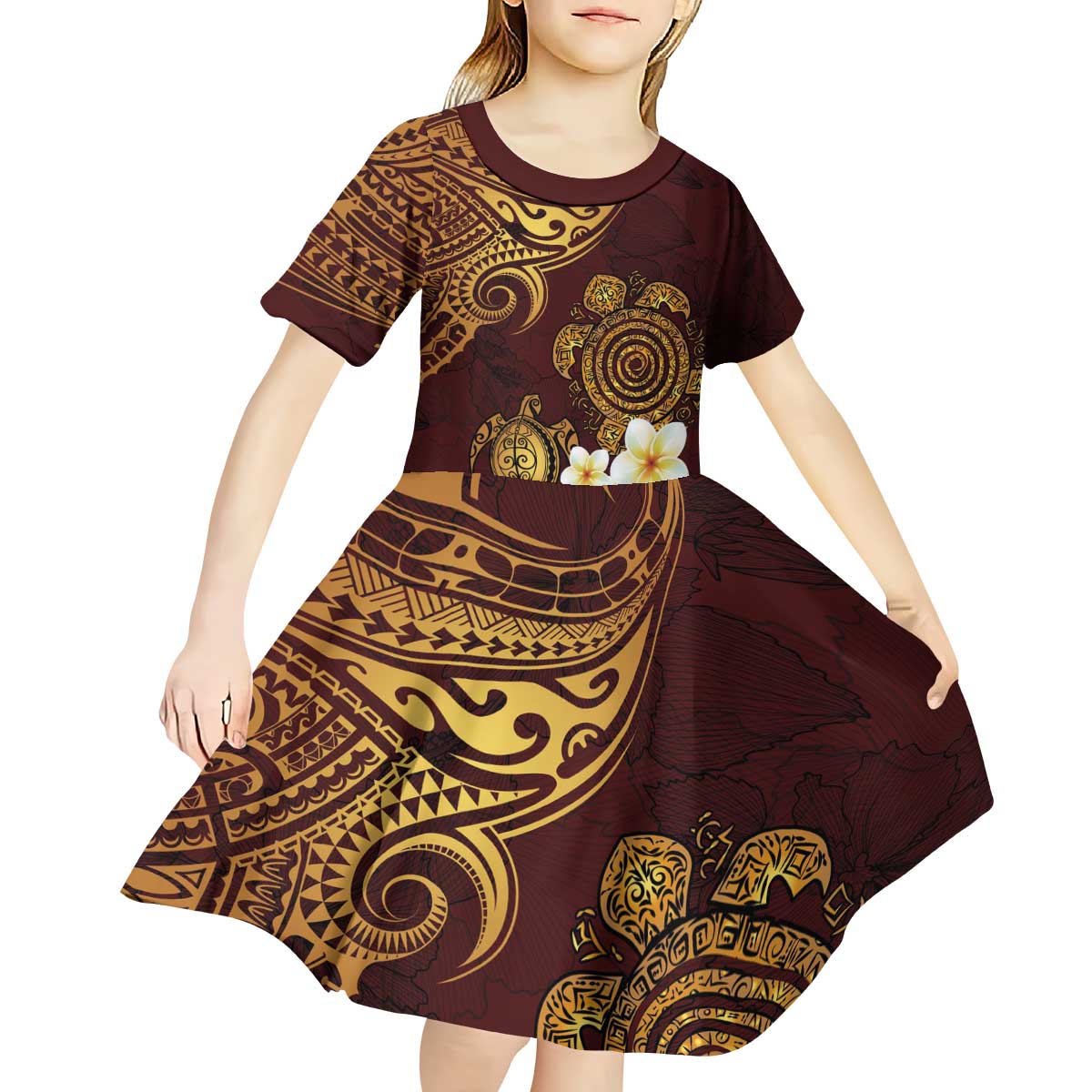 Polynesian Turtle Kid Short Sleeve Dress Plumeria Hibiscus Pattern Oxblood
