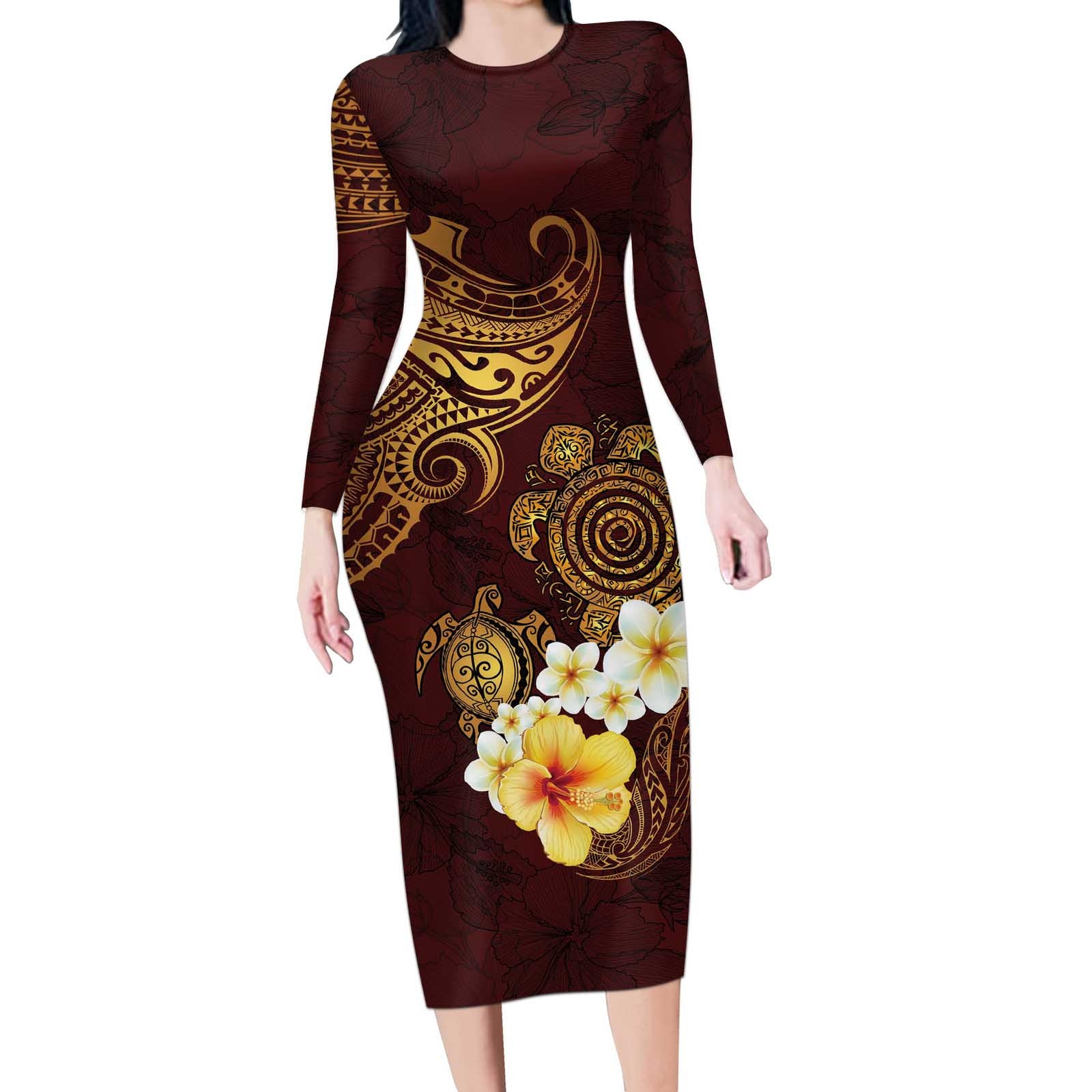 Polynesian Turtle Long Sleeve Bodycon Dress Plumeria Hibiscus Pattern Oxblood LT03 Long Dress Oxblood - Polynesian Pride