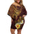Polynesian Turtle Off Shoulder Short Dress Plumeria Hibiscus Pattern Oxblood