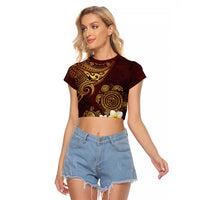 Polynesian Turtle Raglan Cropped T Shirt Plumeria Hibiscus Pattern Oxblood