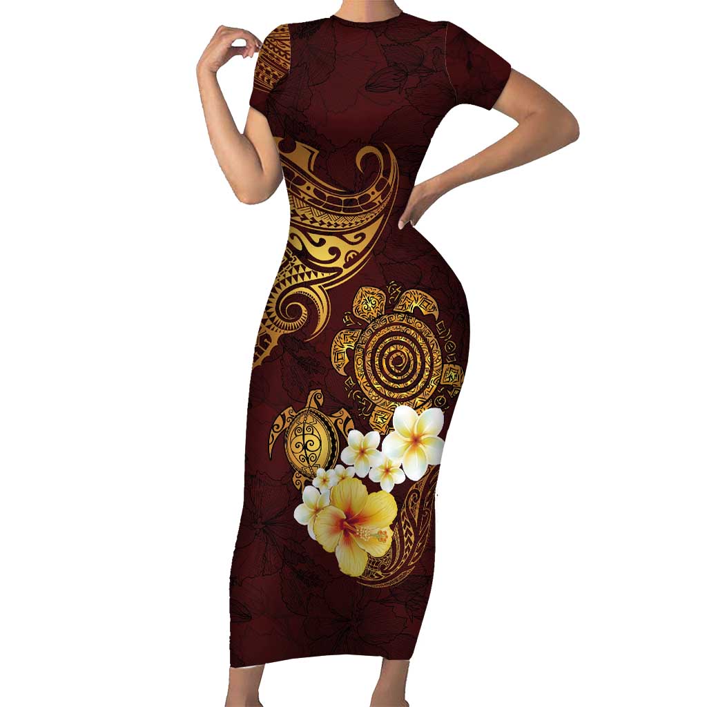 Polynesian Turtle Short Sleeve Bodycon Dress Plumeria Hibiscus Pattern Oxblood