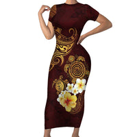 Polynesian Turtle Short Sleeve Bodycon Dress Plumeria Hibiscus Pattern Oxblood