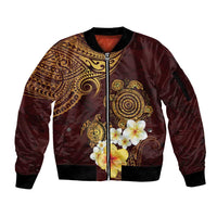 Polynesian Turtle Sleeve Zip Bomber Jacket Plumeria Hibiscus Pattern Oxblood
