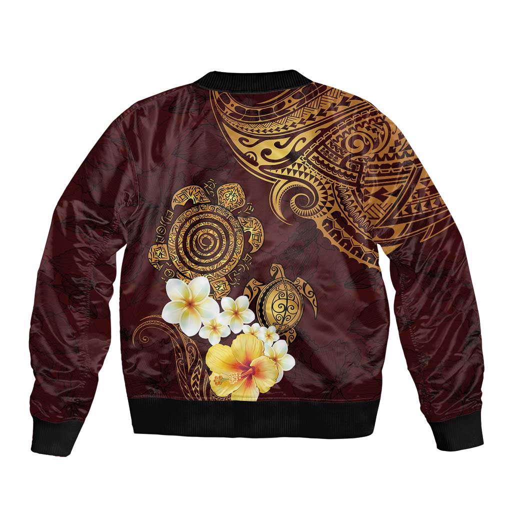 Polynesian Turtle Sleeve Zip Bomber Jacket Plumeria Hibiscus Pattern Oxblood