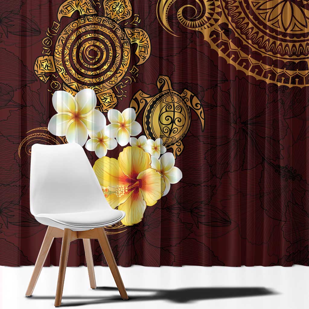 Polynesian Turtle Window Curtain Plumeria Hibiscus Pattern Oxblood