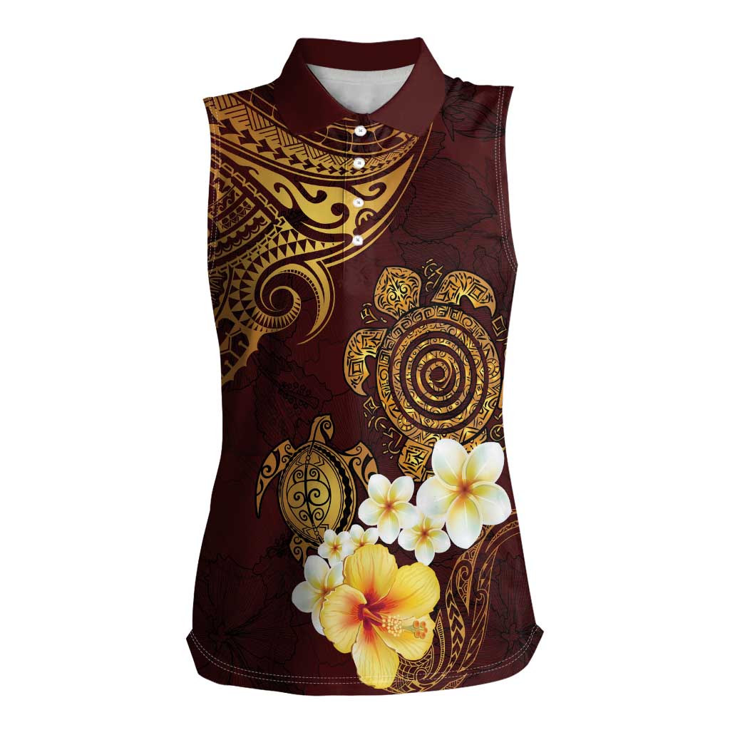Polynesian Turtle Women Sleeveless Polo Shirt Plumeria Hibiscus Pattern Oxblood LT03 Female Oxblood - Polynesian Pride