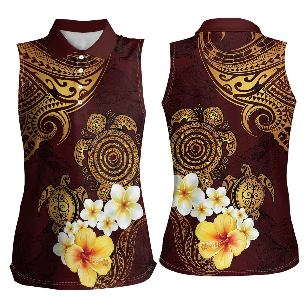 Polynesian Turtle Women Sleeveless Polo Shirt Plumeria Hibiscus Pattern Oxblood LT03 - Polynesian Pride