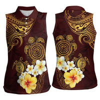 Polynesian Turtle Women Sleeveless Polo Shirt Plumeria Hibiscus Pattern Oxblood LT03 - Polynesian Pride