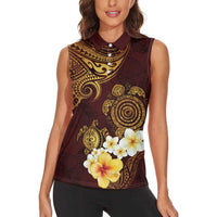 Polynesian Turtle Women Sleeveless Polo Shirt Plumeria Hibiscus Pattern Oxblood LT03 - Polynesian Pride