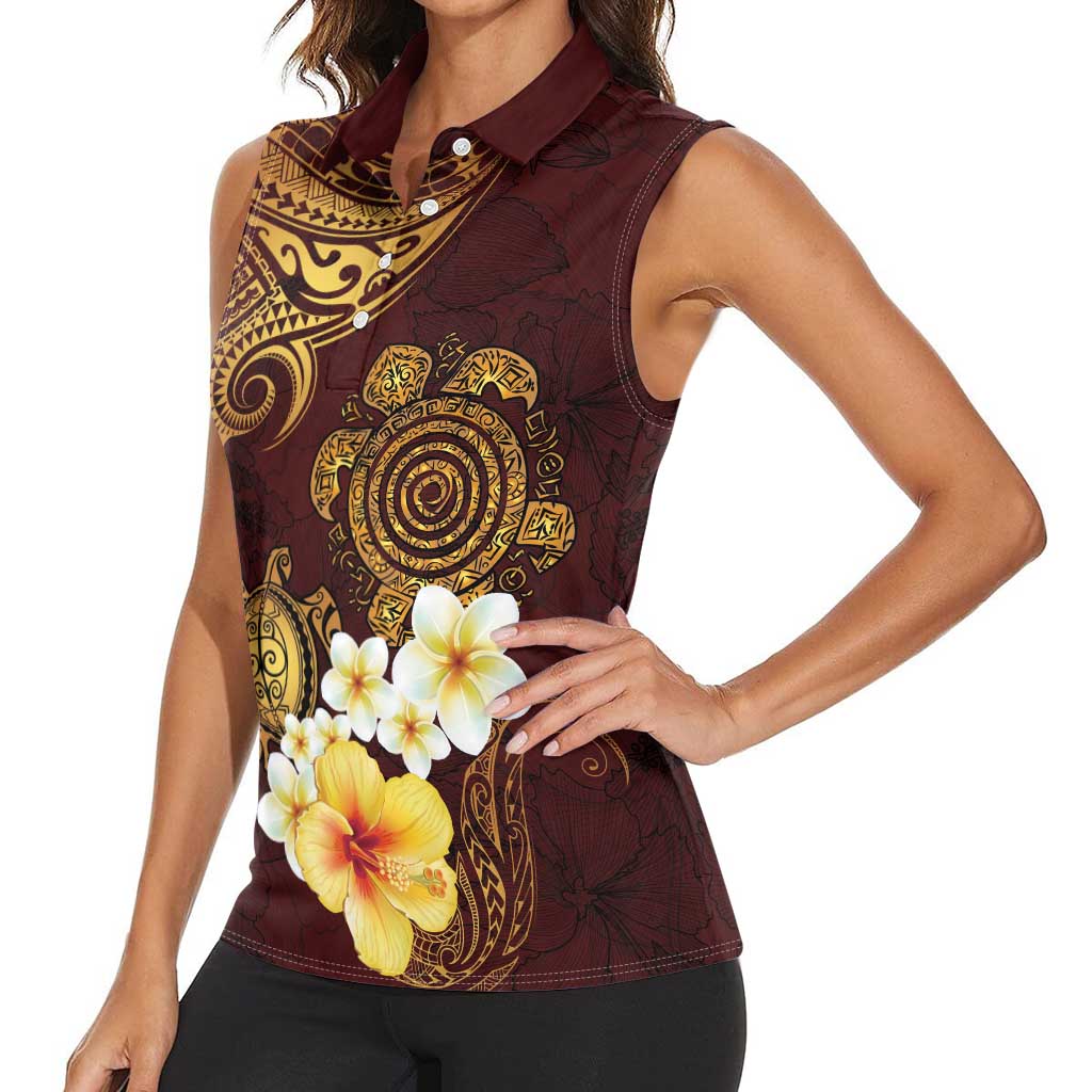 Polynesian Turtle Women Sleeveless Polo Shirt Plumeria Hibiscus Pattern Oxblood LT03 - Polynesian Pride