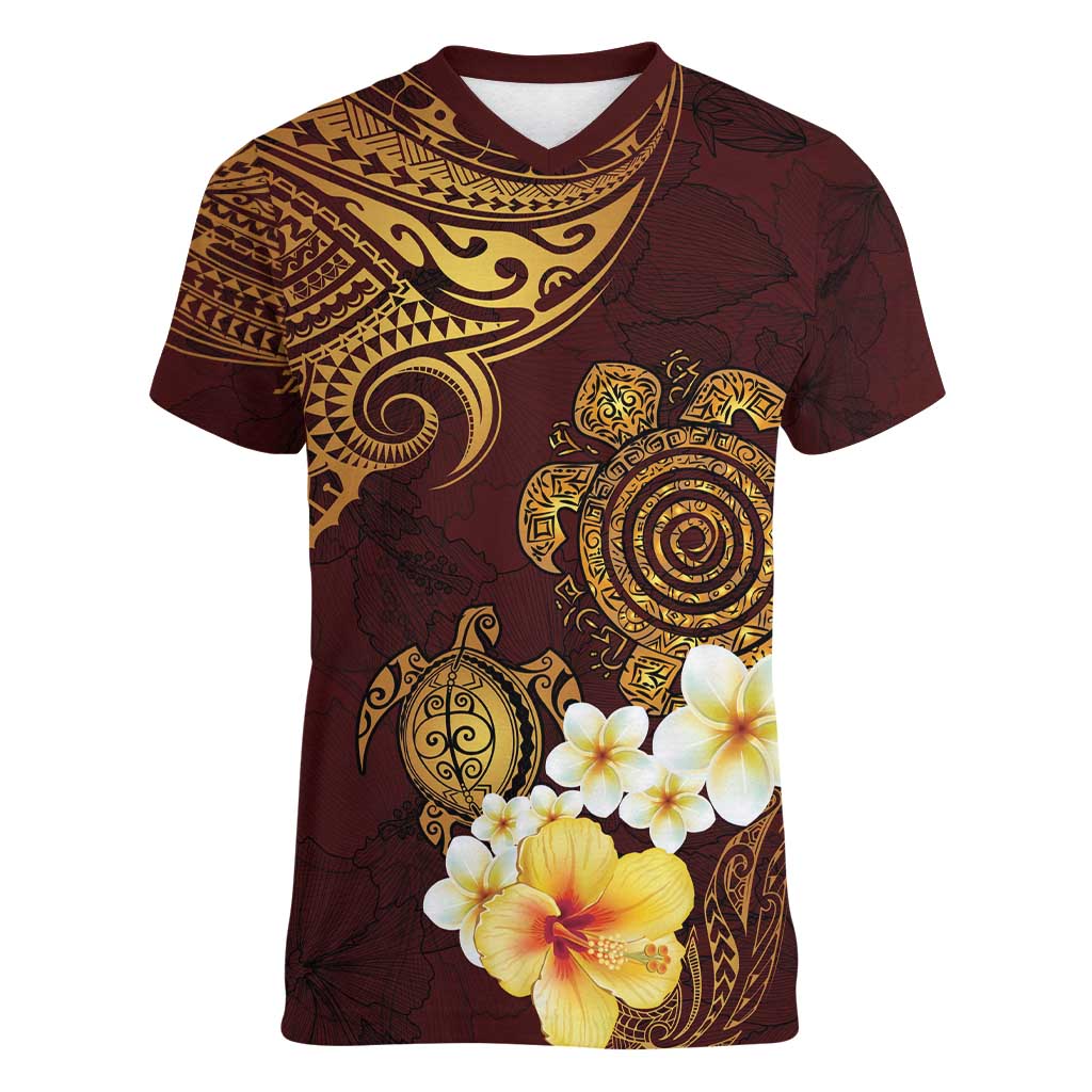 Polynesian Turtle Women V-Neck T-Shirt Plumeria Hibiscus Pattern Oxblood LT03 Female Oxblood - Polynesian Pride