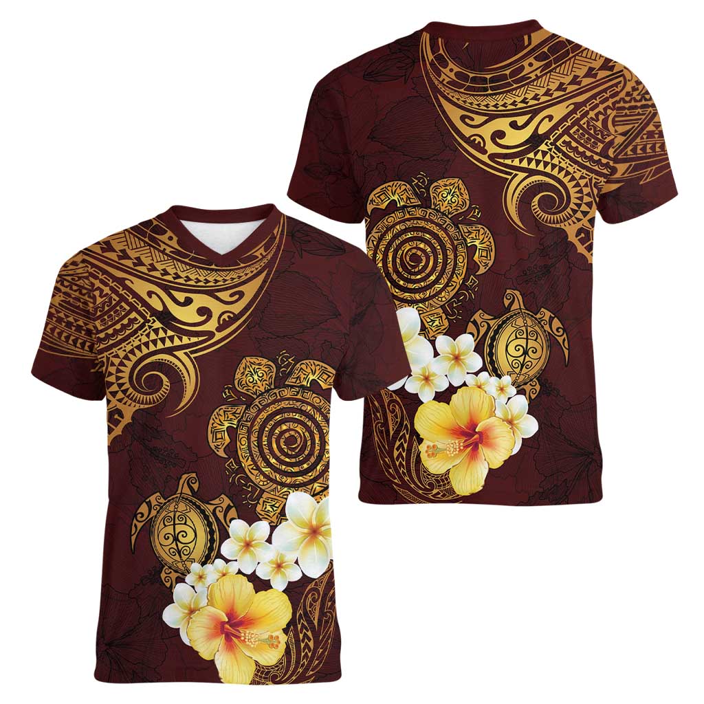Polynesian Turtle Women V-Neck T-Shirt Plumeria Hibiscus Pattern Oxblood