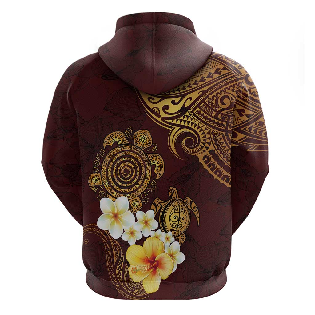 Polynesian Turtle Zip Hoodie Plumeria Hibiscus Pattern Oxblood LT03 - Polynesian Pride