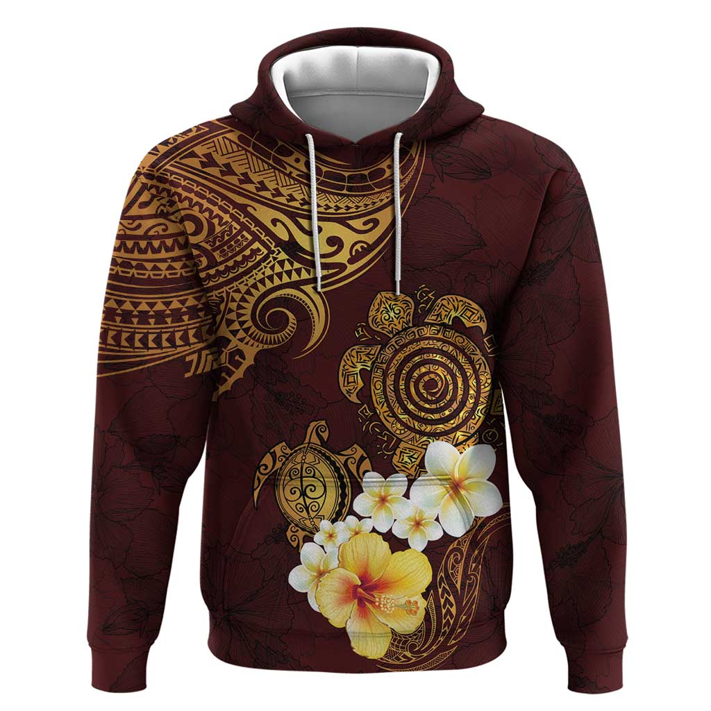 Polynesian Turtle Zip Hoodie Plumeria Hibiscus Pattern Oxblood LT03 Pullover Hoodie Oxblood - Polynesian Pride