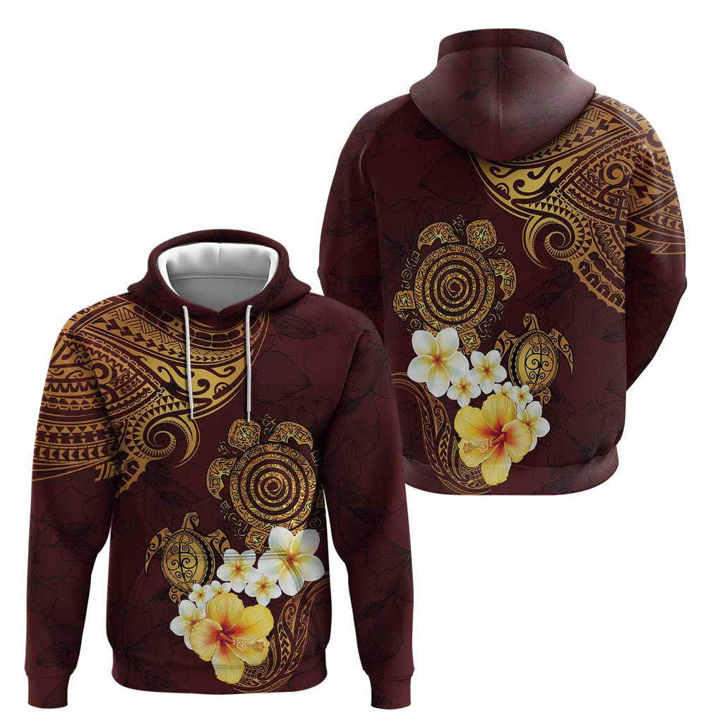 Polynesian Turtle Zip Hoodie Plumeria Hibiscus Pattern Oxblood LT03 - Polynesian Pride