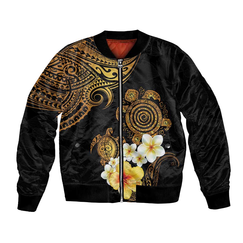 Polynesian Turtle Bomber Jacket Plumeria Hibiscus Pattern Black Color
