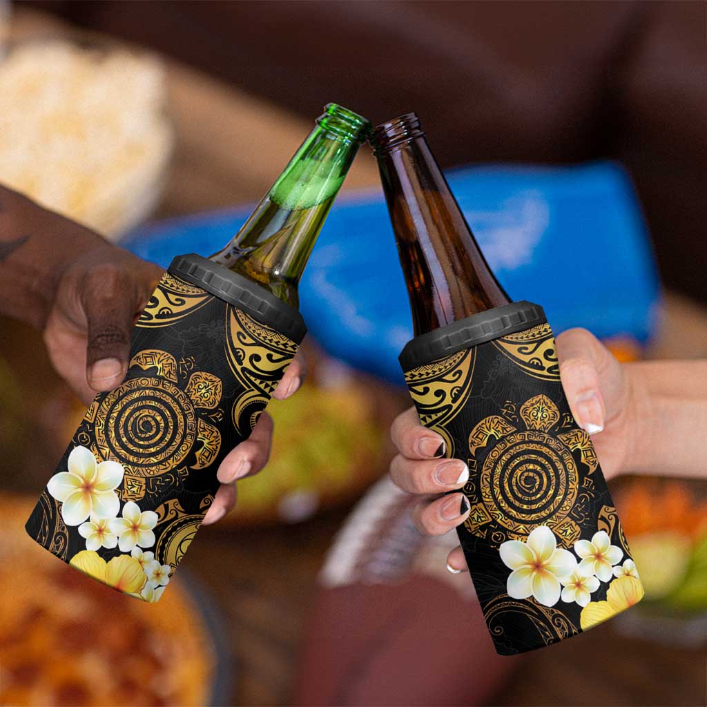 Polynesian Turtle 4 in 1 Can Cooler Tumbler Plumeria Hibiscus Pattern Black Color