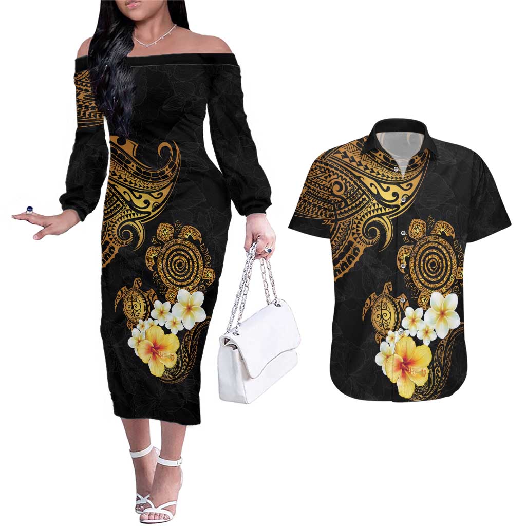 Polynesian Turtle Couples Matching Off The Shoulder Long Sleeve Dress and Hawaiian Shirt Plumeria Hibiscus Pattern Black Color LT03 Black - Polynesian Pride