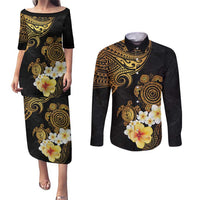 Polynesian Turtle Couples Matching Puletasi and Long Sleeve Button Shirt Plumeria Hibiscus Pattern Black Color
