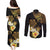 Polynesian Turtle Couples Matching Puletasi and Long Sleeve Button Shirt Plumeria Hibiscus Pattern Black Color