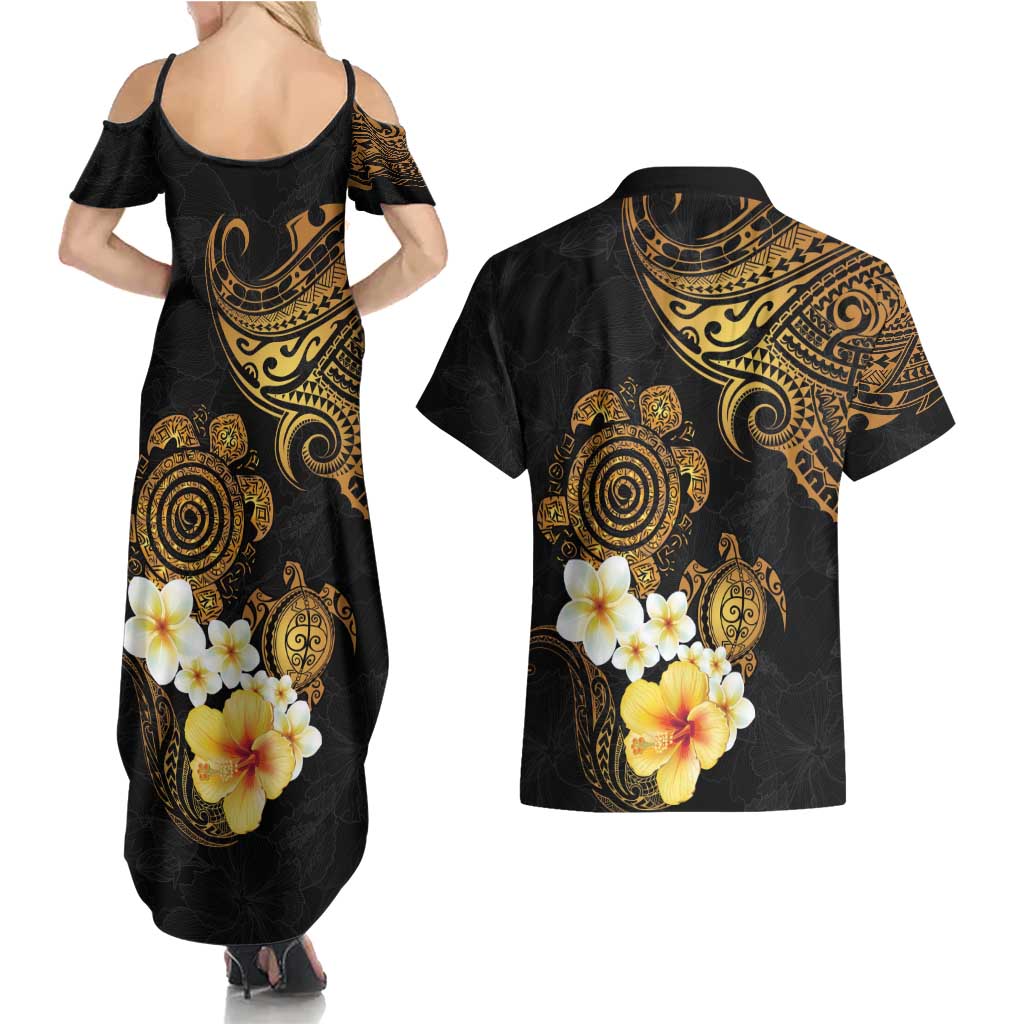 Polynesian Turtle Couples Matching Summer Maxi Dress and Hawaiian Shirt Plumeria Hibiscus Pattern Black Color