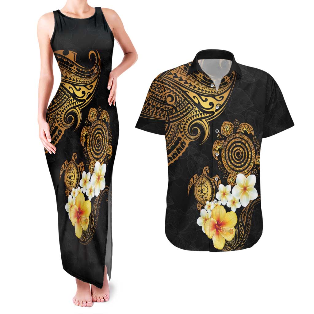 Polynesian Turtle Couples Matching Tank Maxi Dress and Hawaiian Shirt Plumeria Hibiscus Pattern Black Color LT03 Black - Polynesian Pride