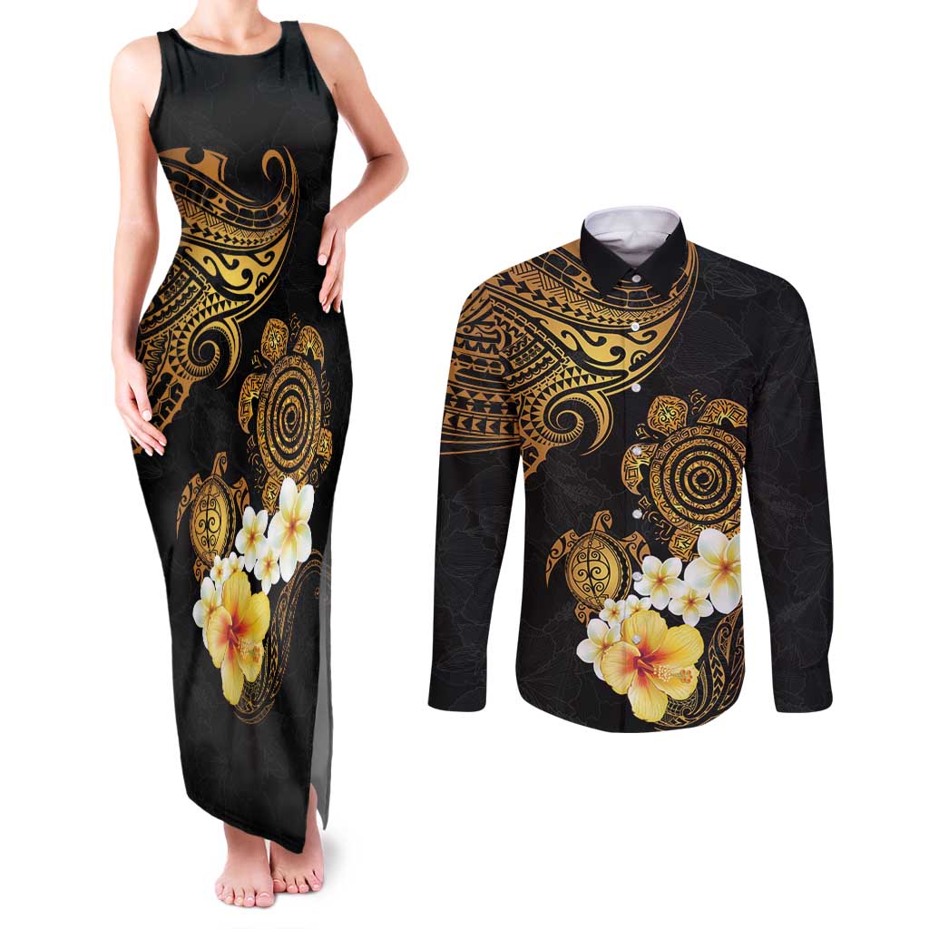 Polynesian Turtle Couples Matching Tank Maxi Dress and Long Sleeve Button Shirt Plumeria Hibiscus Pattern Black Color