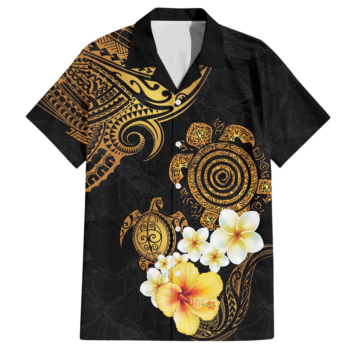 Polynesian Turtle Family Matching Off The Shoulder Long Sleeve Dress and Hawaiian Shirt Plumeria Hibiscus Pattern Black Color