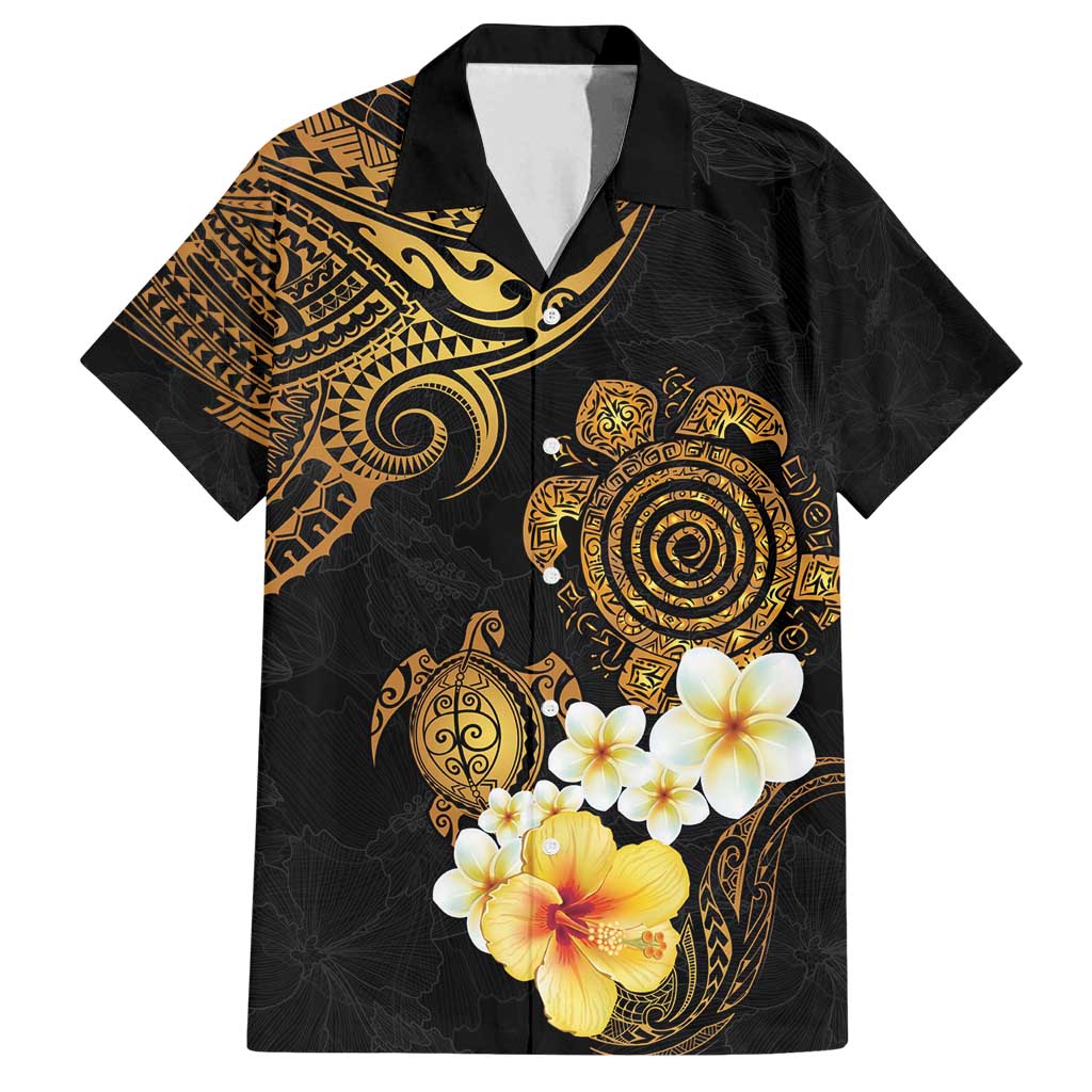 Polynesian Turtle Family Matching Off Shoulder Maxi Dress and Hawaiian Shirt Plumeria Hibiscus Pattern Black Color