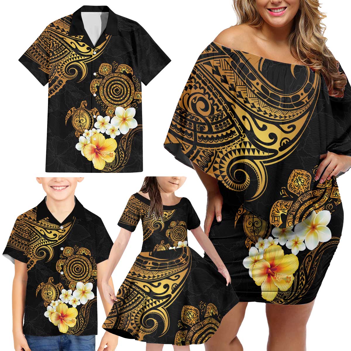 Polynesian Turtle Family Matching Off Shoulder Short Dress and Hawaiian Shirt Plumeria Hibiscus Pattern Black Color LT03 - Polynesian Pride