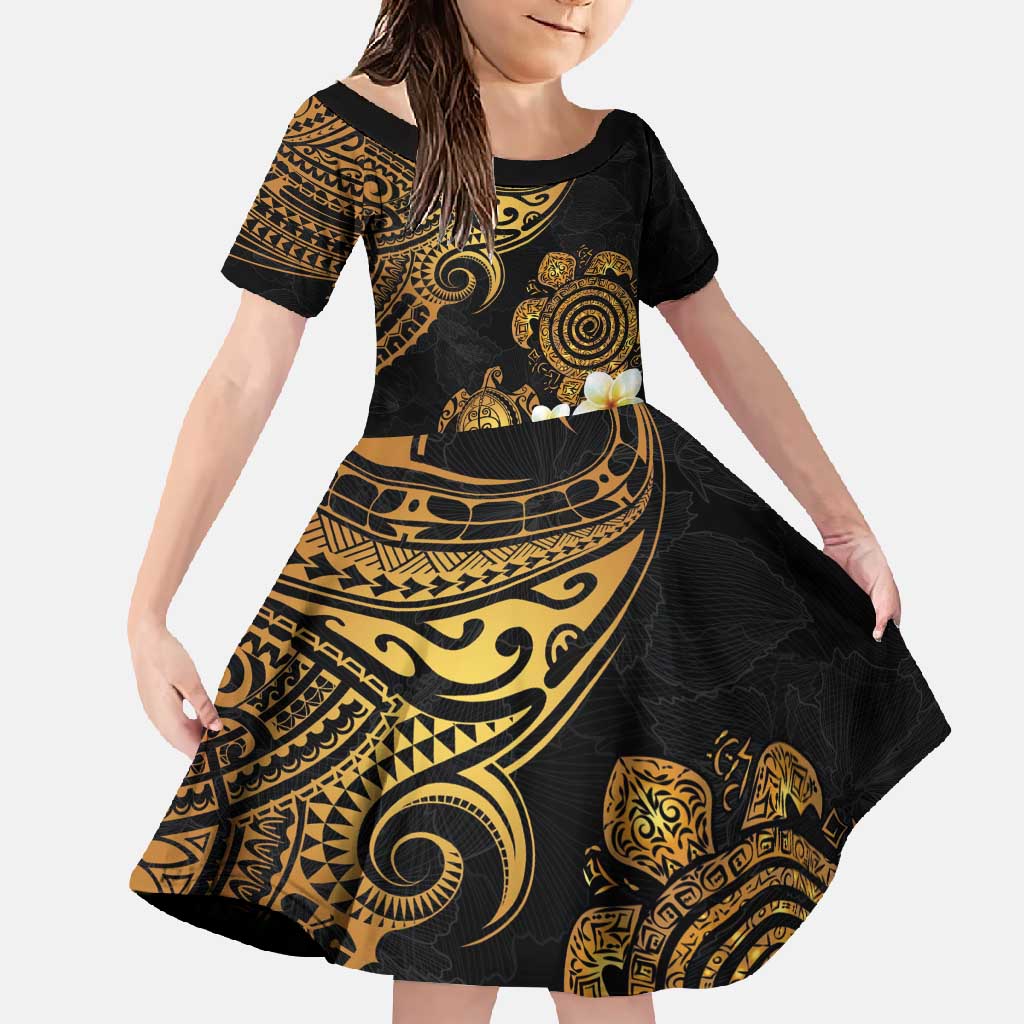 Polynesian Turtle Family Matching Short Sleeve Bodycon Dress and Hawaiian Shirt Plumeria Hibiscus Pattern Black Color LT03 Daughter's Dress Black - Polynesian Pride