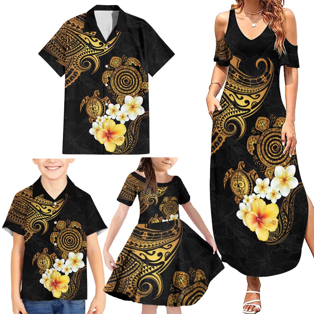 Polynesian Turtle Family Matching Summer Maxi Dress and Hawaiian Shirt Plumeria Hibiscus Pattern Black Color LT03 - Polynesian Pride