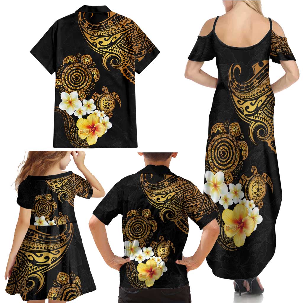 Polynesian Turtle Family Matching Summer Maxi Dress and Hawaiian Shirt Plumeria Hibiscus Pattern Black Color