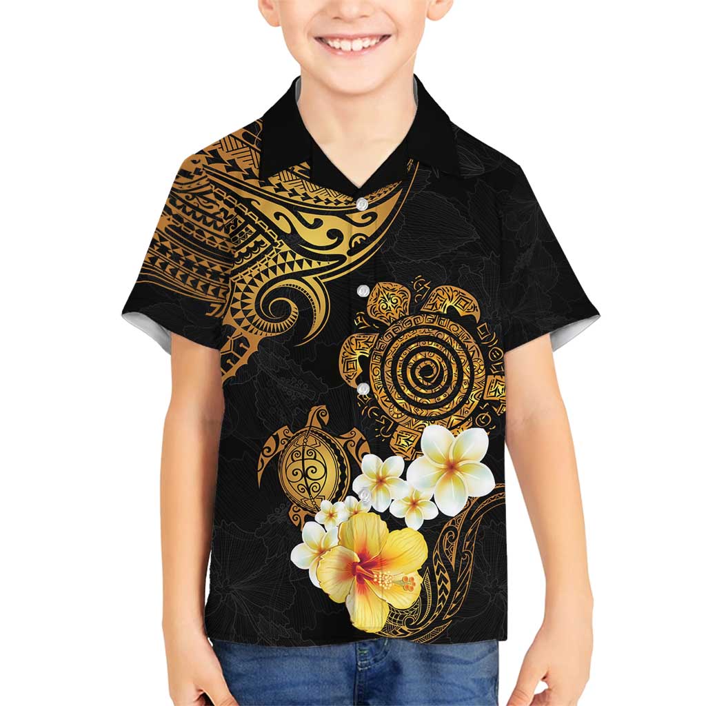 Polynesian Turtle Family Matching Tank Maxi Dress and Hawaiian Shirt Plumeria Hibiscus Pattern Black Color