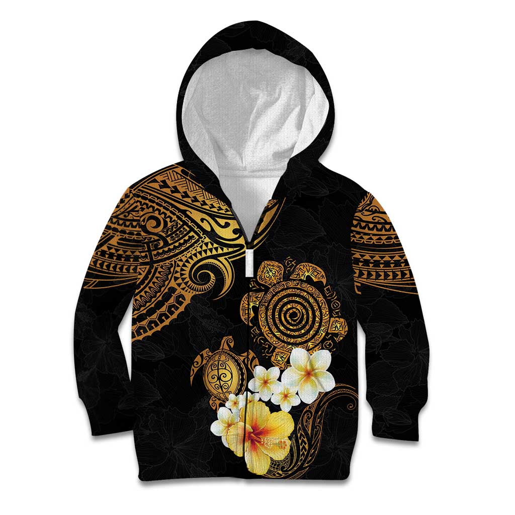 Polynesian Turtle Kid Hoodie Plumeria Hibiscus Pattern Black Color