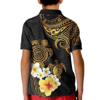 Polynesian Turtle Kid Polo Shirt Plumeria Hibiscus Pattern Black Color