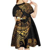 Polynesian Turtle Kid Short Sleeve Dress Plumeria Hibiscus Pattern Black Color