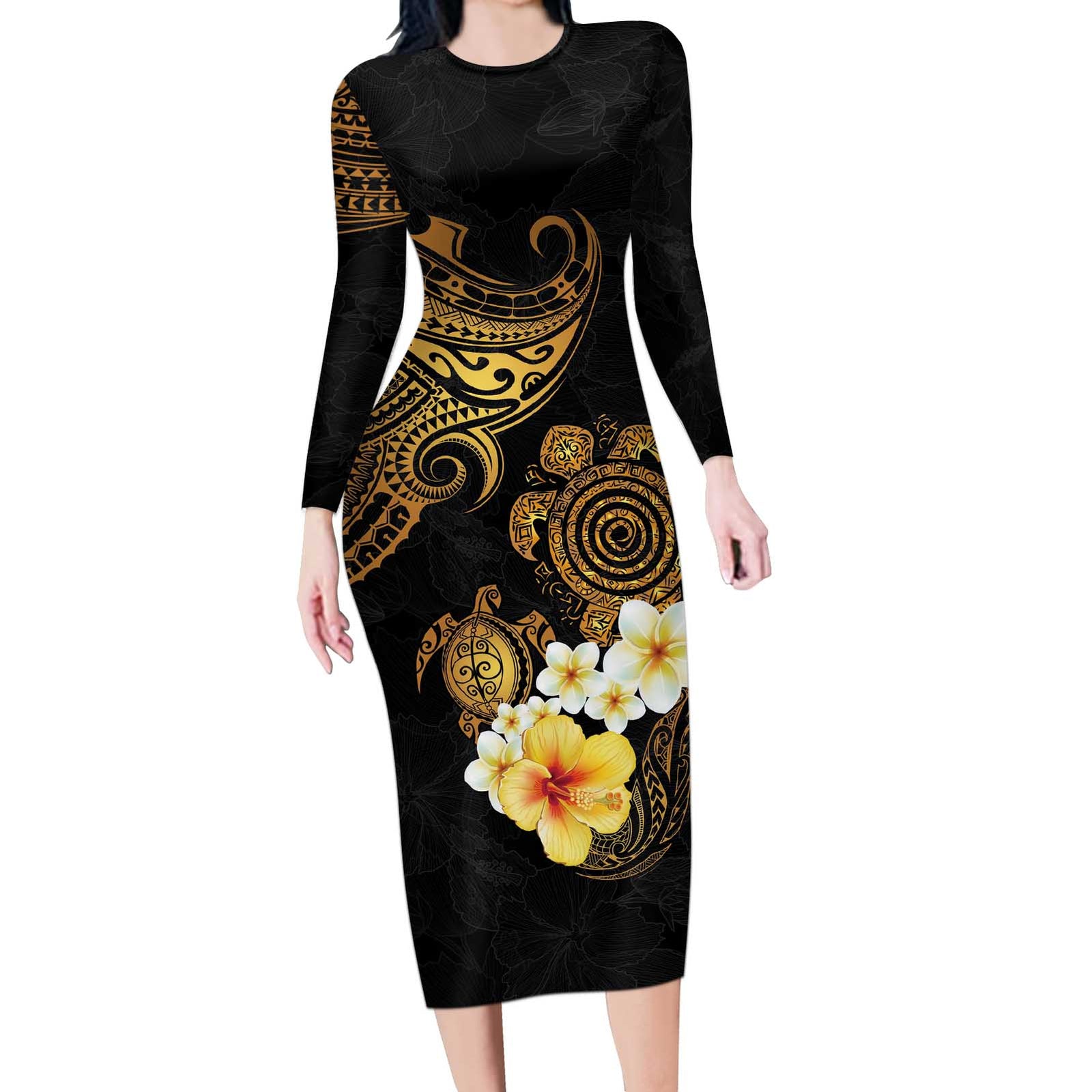 Polynesian Turtle Long Sleeve Bodycon Dress Plumeria Hibiscus Pattern Black Color LT03 Long Dress Black - Polynesian Pride