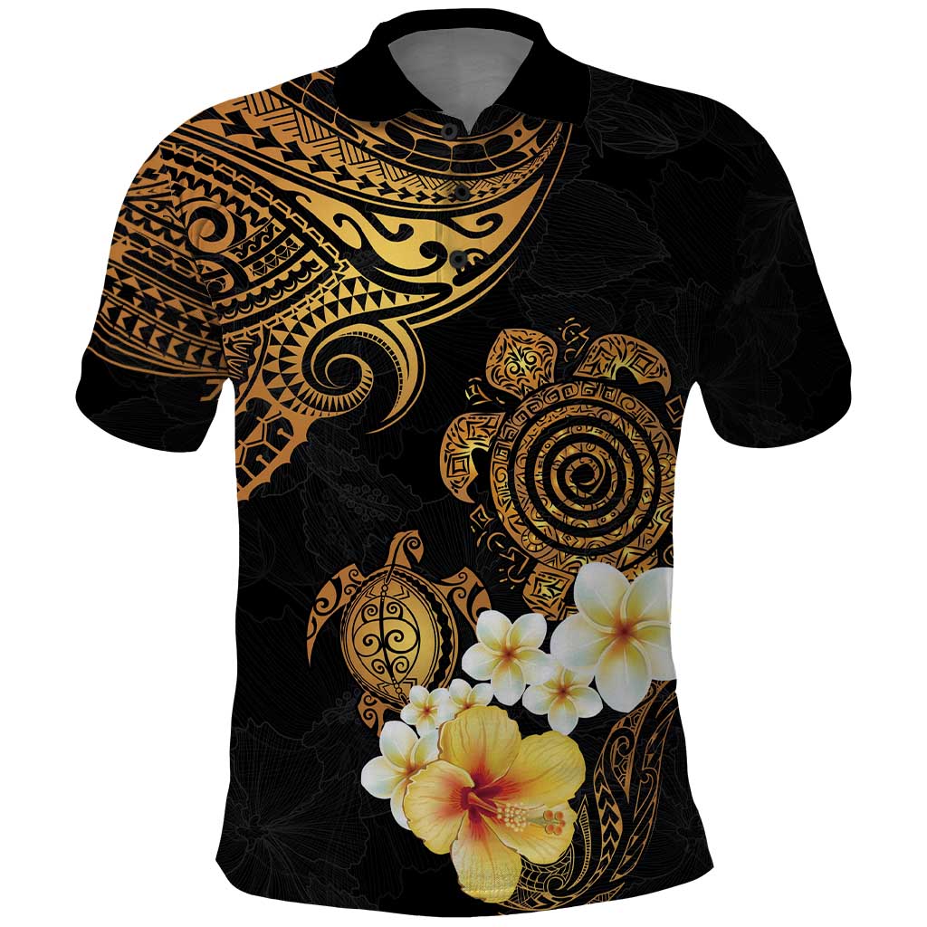 Polynesian Turtle Polo Shirt Plumeria Hibiscus Pattern Black Color