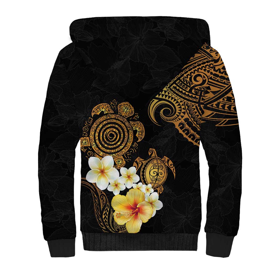 Polynesian Turtle Sherpa Hoodie Plumeria Hibiscus Pattern Black Color